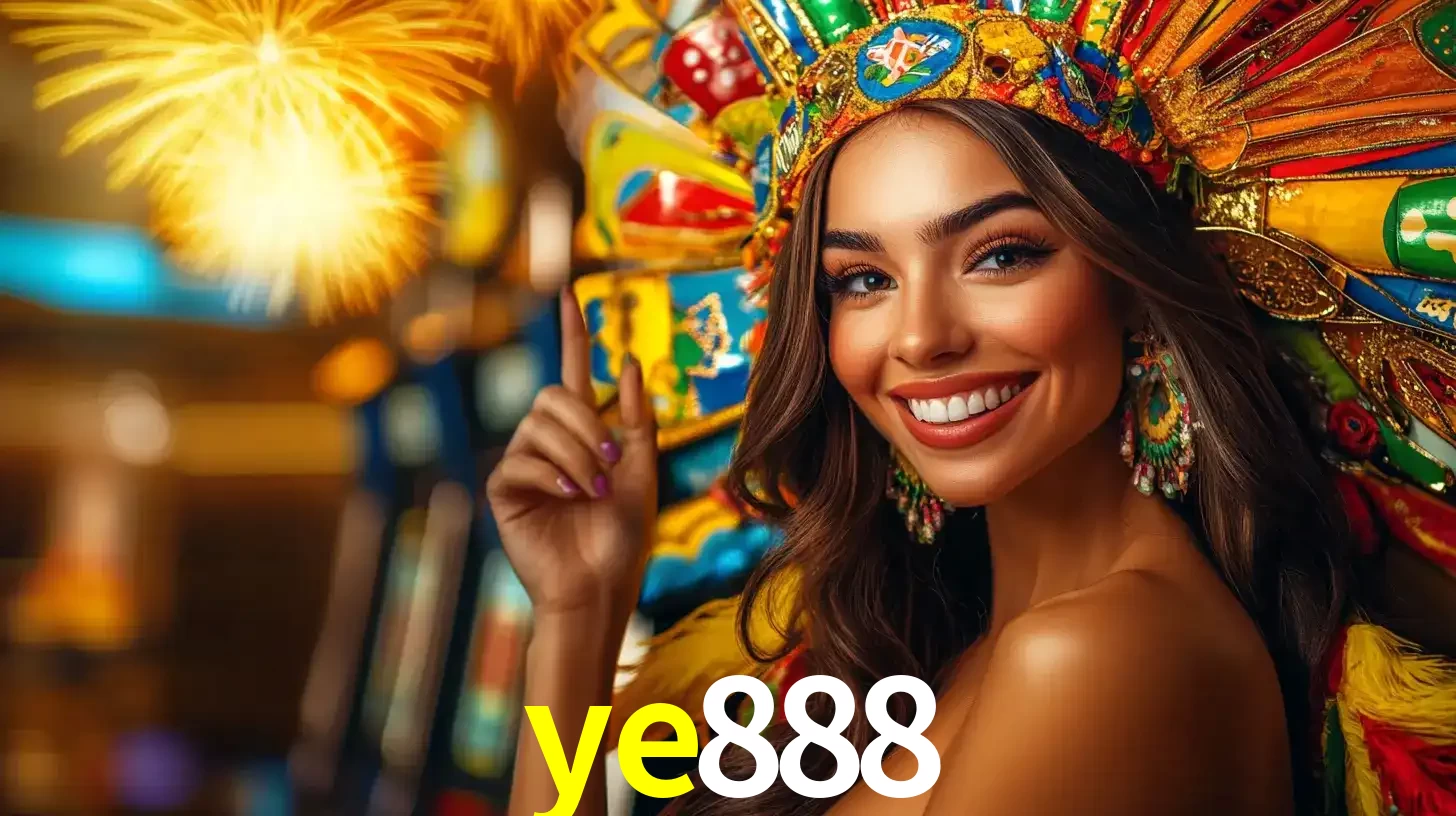 Mulher sorridente com um cocar de carnaval vibrante e colorido, celebrando uma grande vitória nos jogos do cassino ye888 com fogos de artifício ao fundo.