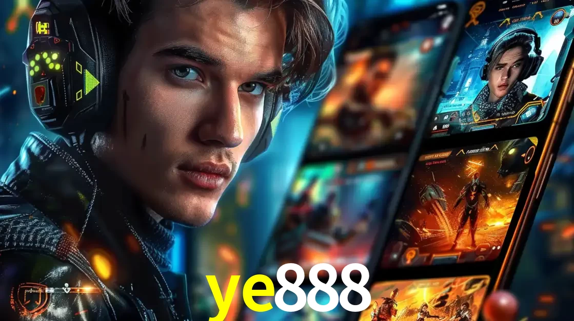 Jovem jogador com fones de ouvido olhando para a câmera, com um aplicativo de jogos e e-sports para celular ao fundo, pronto para a competição e apostas no ye888.