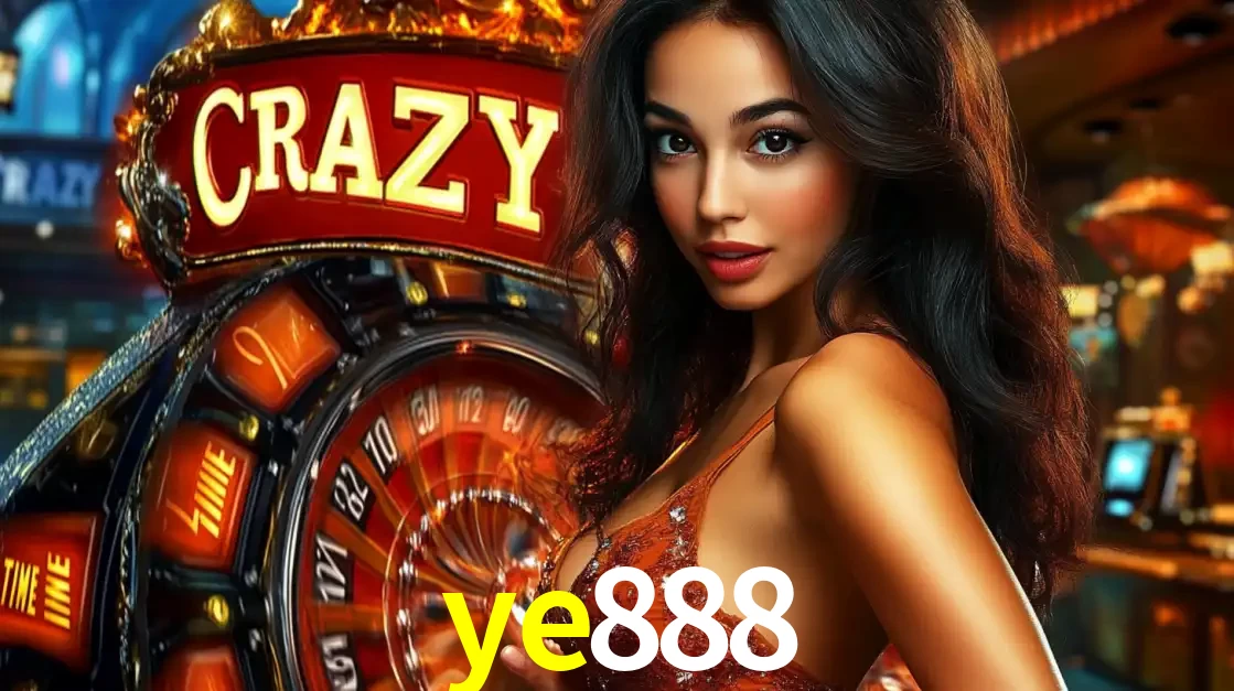 Mulher glamourosa olhando para a câmera com a roda vermelha do Crazy Time ao fundo em um ambiente de cassino, destacando a emoção dos jogos ao vivo no ye888.