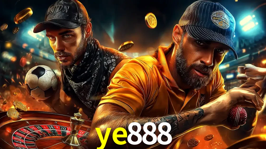 Montagem de apostas esportivas e cassino no ye888, com um homem segurando uma bola de futebol e outro uma de beisebol sobre uma roleta e moedas voadoras.